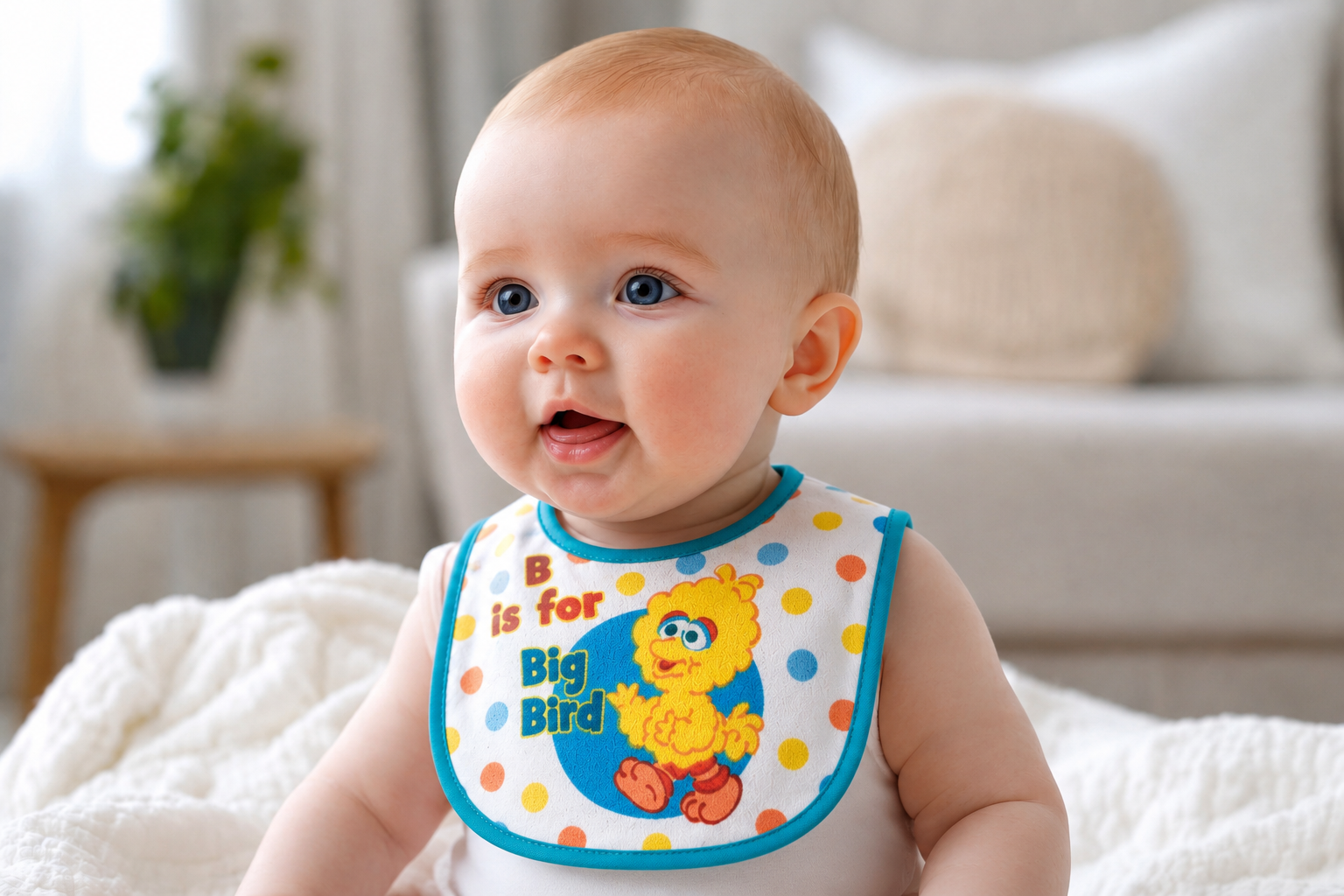 Baby wearing a Big Bird Sesame Street bib