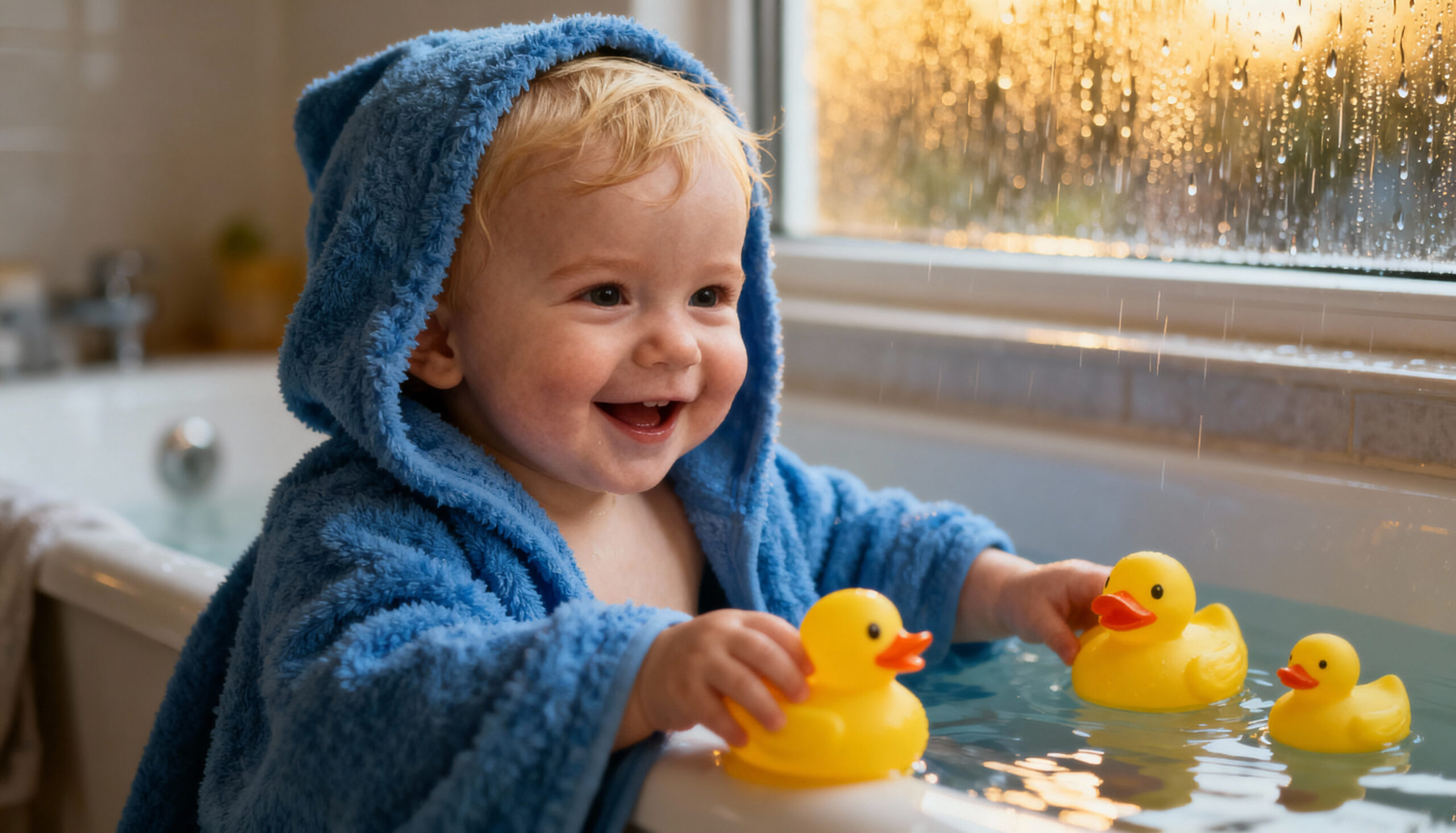 Toddler playing with rubber ducks at bath time